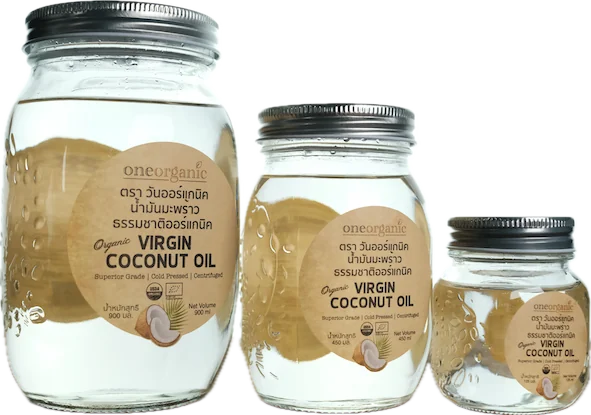 900ml, 450ml, and 125ml glass jars of Virgin Coconut Oil